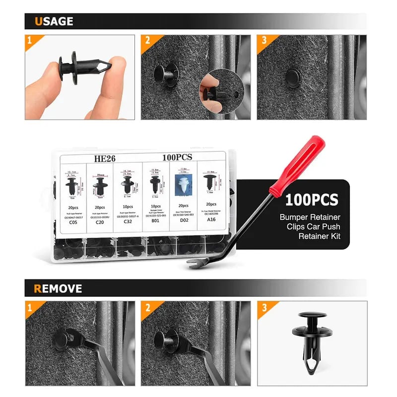 🎁🔧100 PCS Car Clip Retainer Auto Fasteners Push Trim Bumper Plastic Rivets Clips Kit