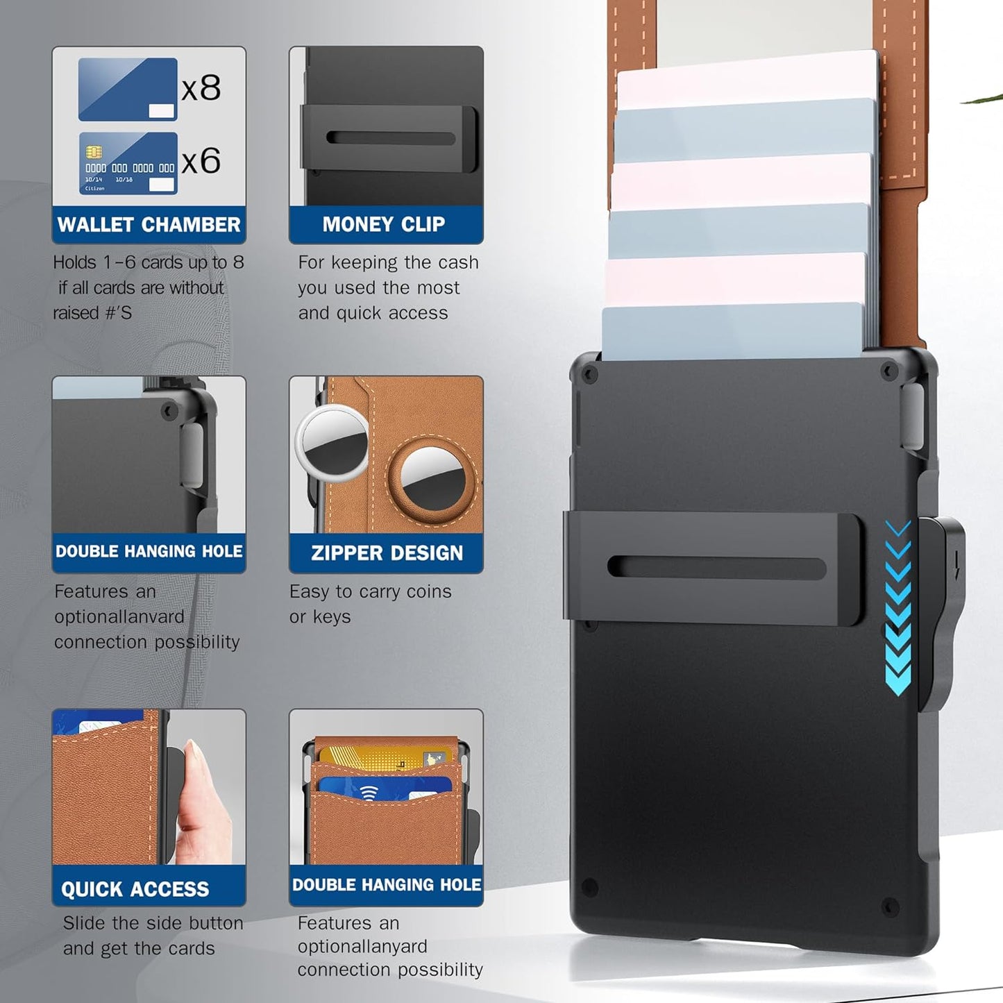 AirTag Wallet for Men - with Pop Up Aluminum Case Money Clip Slim Leather Slots Credit Card Holder RFID Blocking Bifold Minimalist Wallet