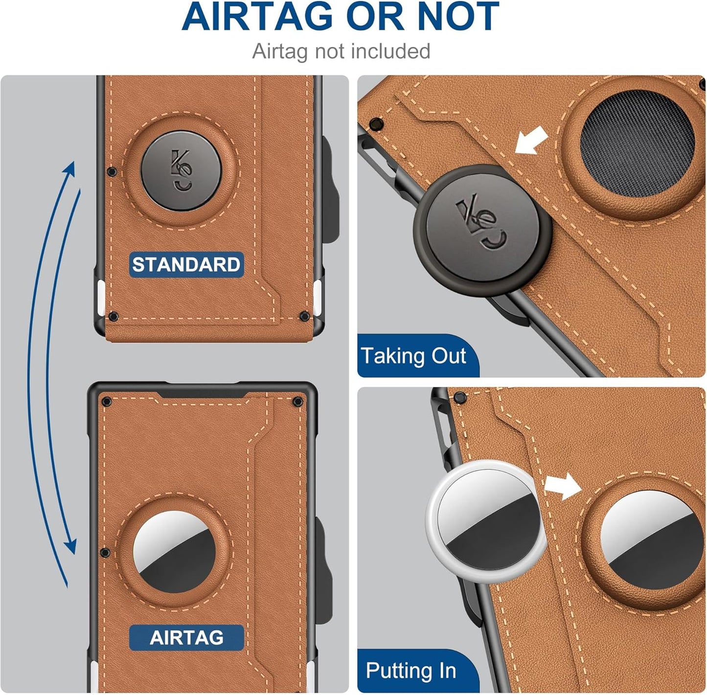 AirTag Wallet for Men - with Pop Up Aluminum Case Money Clip Slim Leather Slots Credit Card Holder RFID Blocking Bifold Minimalist Wallet