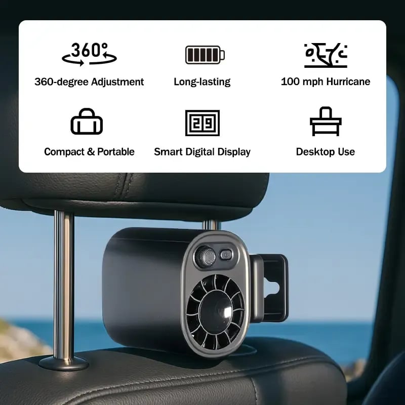 Car Clip On Fan with LED Display -360° Rotation, 100 Speeds Adjustable, USB Rechargeable