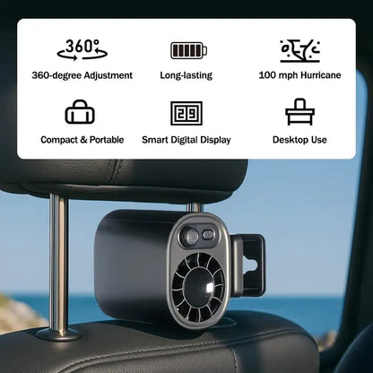 Car Clip On Fan with LED Display -360° Rotation, 100 Speeds Adjustable, USB Rechargeable