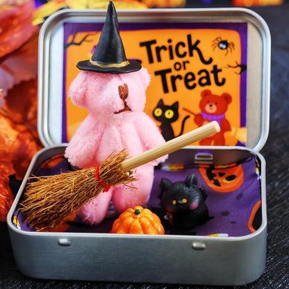 🎃🧸Cute Halloween Teddy Bear in a Box with wizard hat, Broom, Pumpkin & Cat🌟👻