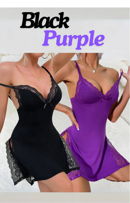 Last week 49% OFF🔥Lace Trim Slit Bowknot Decor Sleep Dress