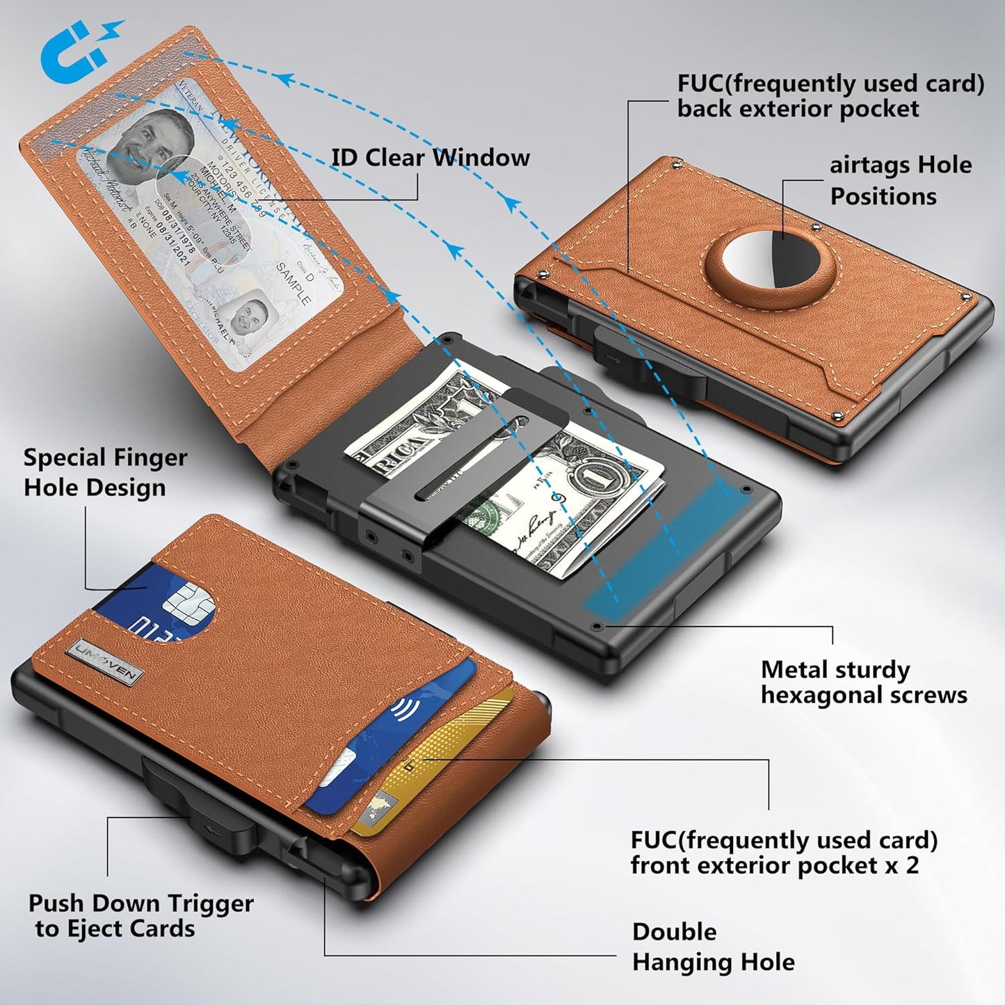 AirTag Wallet for Men - with Pop Up Aluminum Case Money Clip Slim Leather Slots Credit Card Holder RFID Blocking Bifold Minimalist Wallet