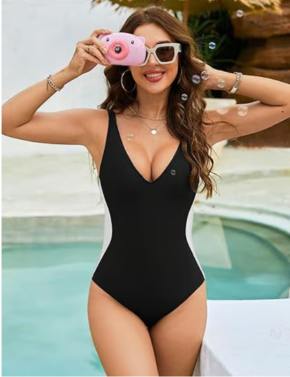 💃2025 new illusionswimsuit, Slim waist, Plunge-Neck, Tummy Control