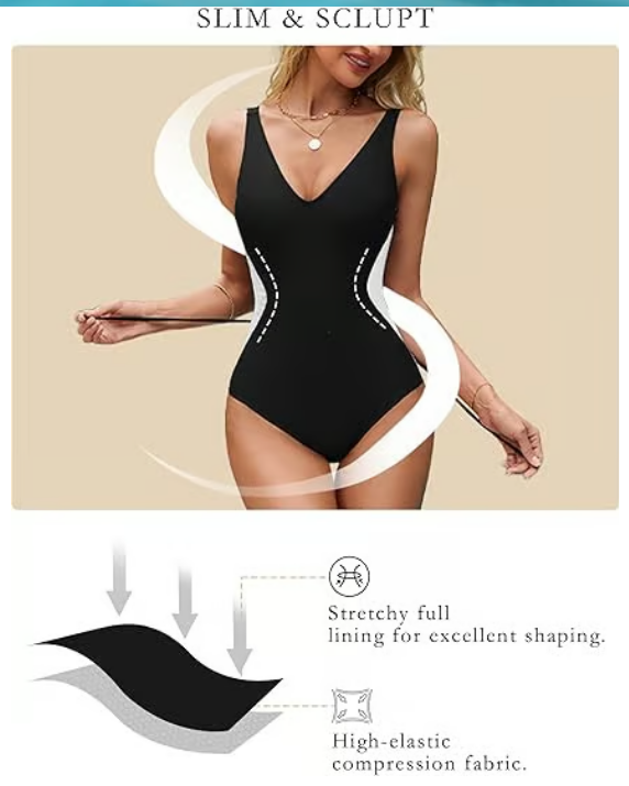 💃2025 new illusionswimsuit, Slim waist, Plunge-Neck, Tummy Control